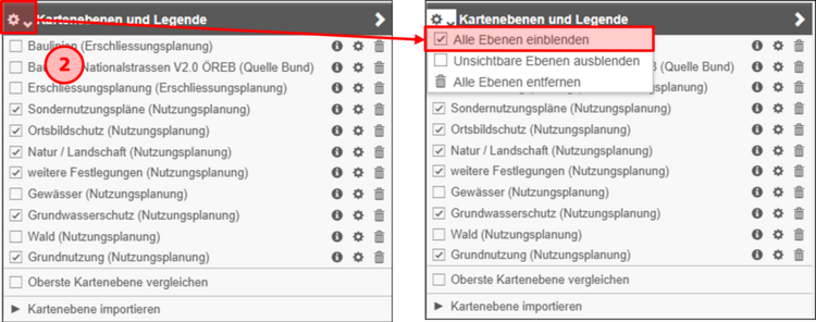 Mit klick auf das Zahnradsymbol, kann die Sichtbarkeit durch aktivieren oder deaktivieren des «Häckleins» über alle Kartenebenen ein- oder ausgeschaltet werden