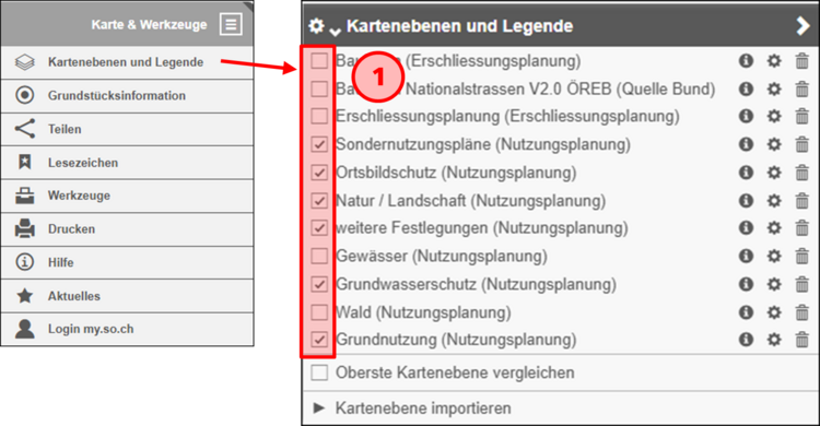 Die Sichtbarkeit von einzelenen Kartenebenen kann durch aktivieren oder deaktivieren des «Häckleins» ein- oder ausgeschaltet werden