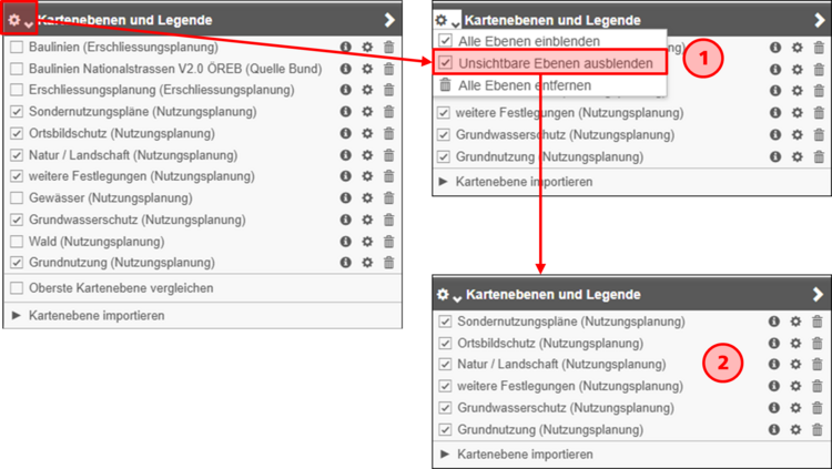 ie deaktivierten Kartenebenen (ohne «Häcklein») können durch aktivieren oder deaktivieren der Filterung in der Legende angezeigt werden oder nicht.